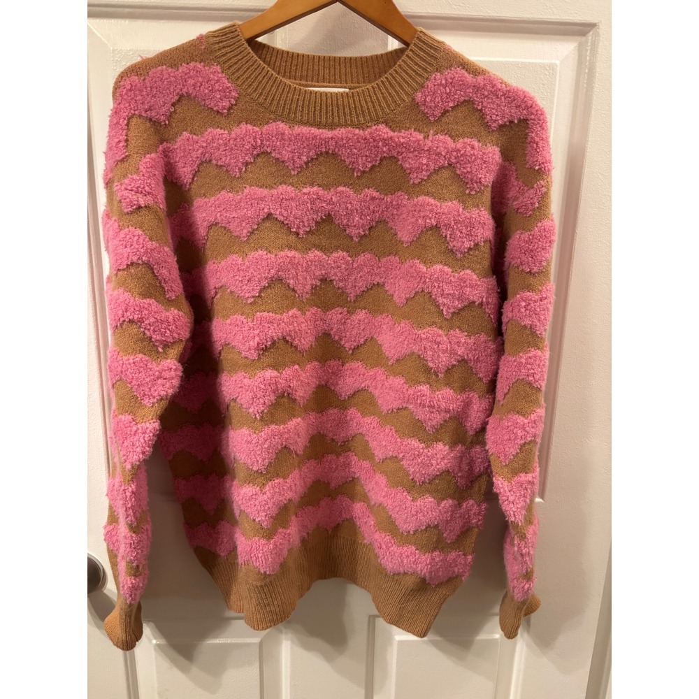 &merci Womens Pink Fuzzy Heart Textured Crewneck Sweater Brown Camel Large